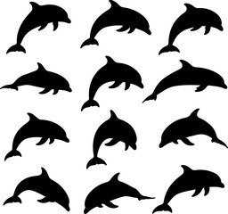 Obraz premium Collection of Elegant Dolphin Silhouettes: Playful, Leaping Poses, Vector Illustration, Black and White.