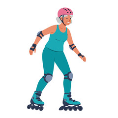Vector illustration of senior woman active rollerblading on white background 