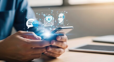 Person s hands holding a smartphone displaying digital icons and futuristic technology elements in a brightly lit environment