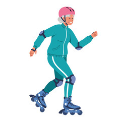 Fototapeta premium Vector illustration of senior woman active rollerblading on white background 