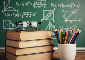 A pair of eyeglasses rests atop a stack of old books next to a vibrant collection of colored pencils against a chalkboard filled with mathematical equations and diagrams