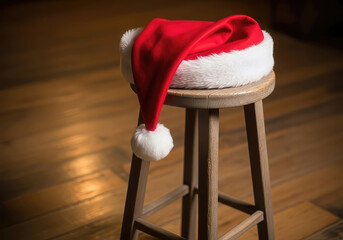 Santa s hat resting on a wooden stool