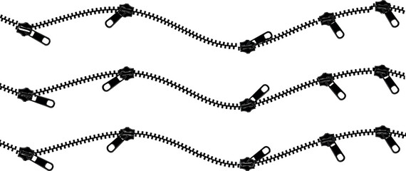 Black zipper lines, wavy zipper pattern, horizontal arrangement, zipper teeth, sliders, fashion accessory, textile detail, sewing element