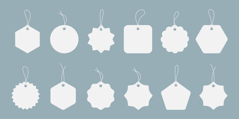 Geometric white flat simple price tag set isolated. Minimalist starburst scalloped hanging label collection. Great for gift, product labeling, marketing, ads, discount, business promotion, sale badge