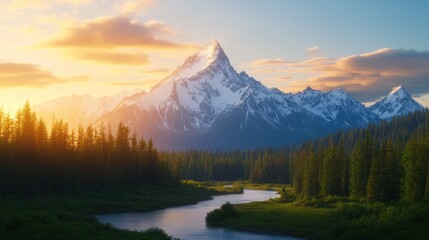 Mountain landscape with snow capped peak forest and river scenery