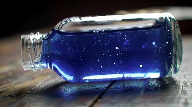 Blue glitter liquid in glass bottle on wood