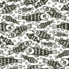 Monochrome Seamless fish pattern in doodle style. Vector illustration.