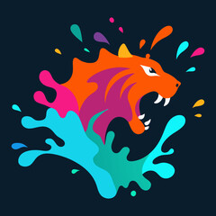 Vector art illustration of a tiger and a dynamic splash of multicolor