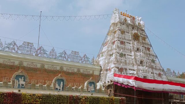 Beautiful view of Balaji temple at Tirumala hill. The most visited place of Hindu pilgrimage. Sri Venkateswara Swamy Vaari Temple, Tirumala, Tirupati, India.