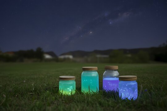 Enchanting glowing jars under starry night sky create magical atmosphere with vibrant colors and whimsical charm