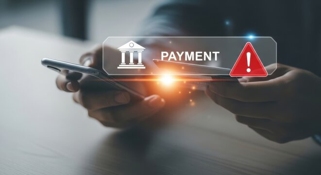 Close up of person using smartphone for financial transactions with prominent payment interface and alert symbol displayed digitally
