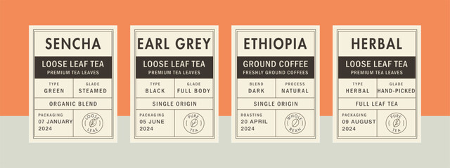 Minimalist packaging banner designs for coffee and tea products. Includes Arabica coffee stamp, botanical tea leaf icon, clean frames, and vintage style label layouts.