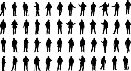 Silhouette collection of human poses, walking, standing, gesturing, black figures, white background, vector design, diverse people, stock illustration