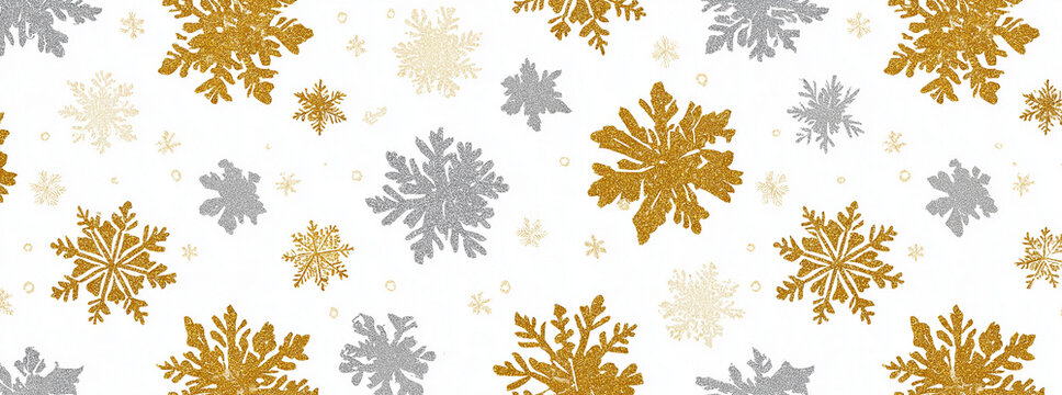 Gold and silver snowflakes on a different background, a seamless pattern with a Christmas theme. Vector illustration, flat design