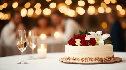Fototapeta premium Elegant white cake with red roses and lily romantic celebration setting festive dessert
