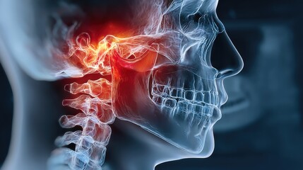 Close-up view of temporomandibular joint with highlighted TMJ disorder indications