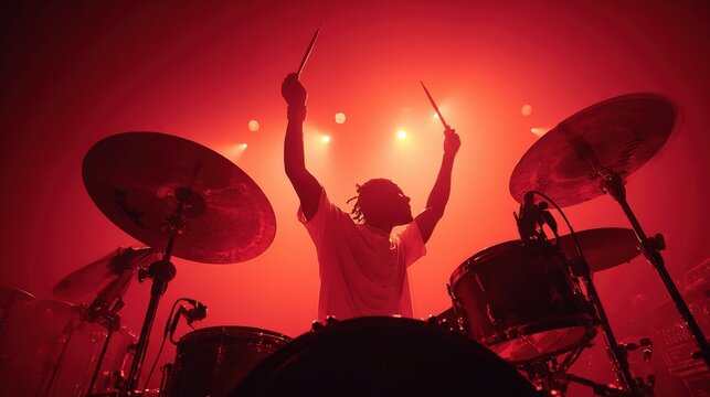 Dynamic drummer performing under a warming spotlight in a shadowy concert setting