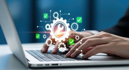Hands typing on laptop with futuristic digital network and gears illustrating technology and innovation concepts