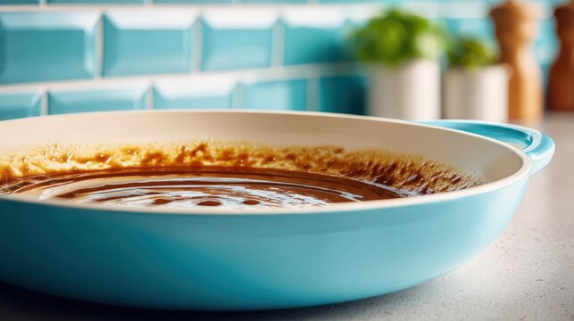 Close-up of a braiser pan with deglazed sauce against a blue backsplash