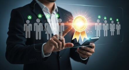 Professional selecting top talent from a digital workforce with glowing achievement award and data visualization