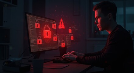Intense Coder Battles System Breach Under Ominous Red Screen Glow