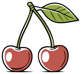 Ripe red cherries with a green leaf on a white background