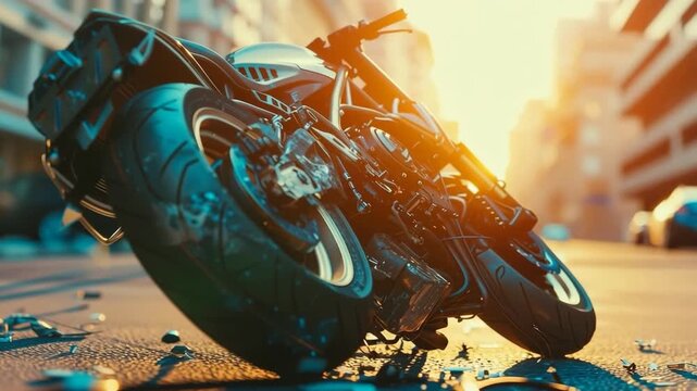 Crashed electric motorcycle with exposed battery and wires on sunlit city street close-up