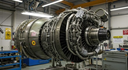 Intricate Turbofan Jet Engine Undergoing Maintenance in a Workshop