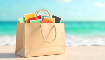 Shopping bag filled with colorful photos on a beach