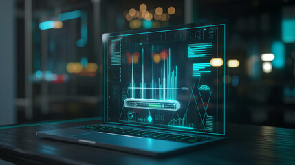 Futuristic holographic analytics dashboard. Neon blue 3D data visualization on laptop in modern workspace for advanced technology and innovation.