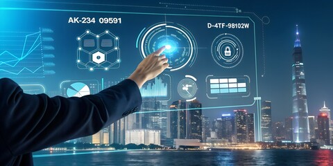 A person interacting with a futuristic, holographic dashboard over a city skyline at night