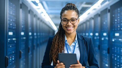 A smiling woman holds a tablet in a data center, wearing glasses and business attire, walking through rows of servers - Powered by Adobe