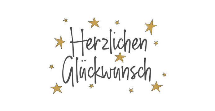 Herzlichen Gl&uuml;ckwunsch - deutscher Text von Hand geschrieben mit goldenen Sternen, isoliert auf wei&szlig;em Hintergrund, Vektor Illustration