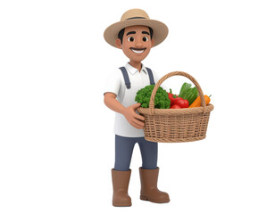 Man farmer holding basket filled with fresh vegetables and happy smiling face