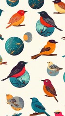 Fototapeta premium Pattern of birds perched on tiny globe icons