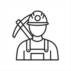 Monochrome Line Drawing of a Miner with Pickaxe and Helmet Representing Industry and Occupation in Simple Black and White