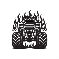 Fierce Monster Truck Engulfed in Flames A Black and White Cartoon Illustration of Automotive Aggression and Power