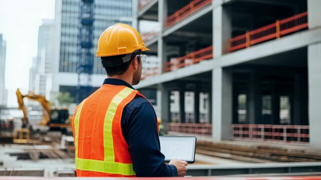 Industrial safety officer observing urban construction zone.