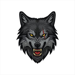 Ferocious Gray Wolf Head with a Battle Scar Emphasizing its Wild Nature and Intense Expression of Raw Power