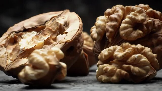 Cracked walnuts on dark background, close-up shot, food photography