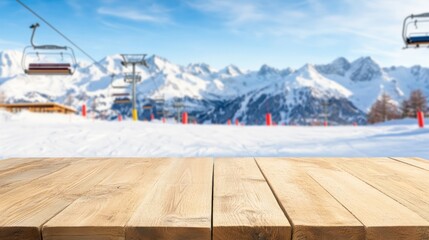 Empty wooden table blurred snow covered mountains ski lifts winter scenery blue sky bright sunlight