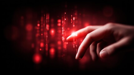 Hand interacting with binary code, representing digital technology and data processing.