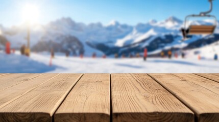 Empty wooden table surface with blurred winter mountain ski resort landscape and bright sunlight outdoor background for product display
