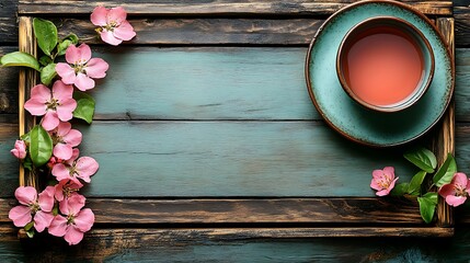 Pink blossoms and teacup on a rustic wooden tray.