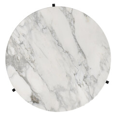 top view of round table with white marble top and black metal base