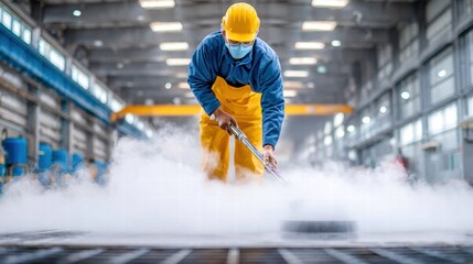 A worker in protective clothing cleans the industrial factory floor with a steam cleaner.