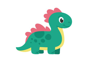 Childrens cartoon dinosaur diplodocus, brachiosaurus, brontosaurus. Green spotted dinosaur with a red crest on its back. Cute little prehistoric animal. Vector illustration.
