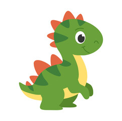 Cute predatory dinosaur tyrannosaurus. Green childrens dinosaur with stripes and red spikes. Cute little prehistoric animal. Vector illustration.