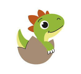 Childrens cartoon green dinosaur. Cute newborn dinosaur sitting in half of an egg. Hatching of the baby. Cute little prehistoric animal. Vector illustration.
