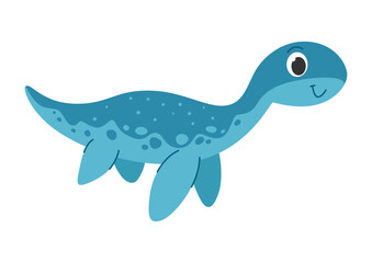Childrens cartoon dinosaur plesiosaurus. Cute water dinosaur. Cute little prehistoric animal. Vector illustration.